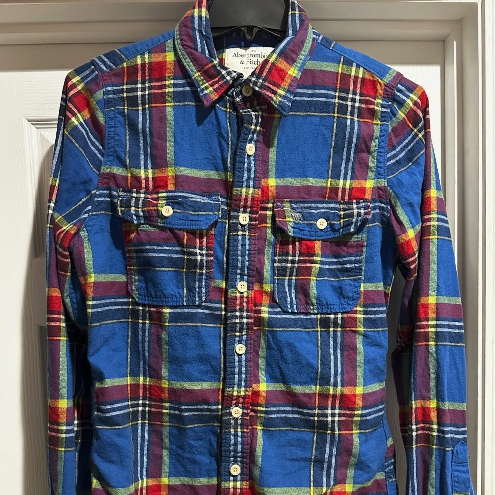 Men A&F Abercrombie Fitch Checker Plaid Long Sleeve Button Down Shirt Large